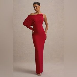 FLORIA RED DRAPED ONE-SLEEVE MAXI DRESS club I London